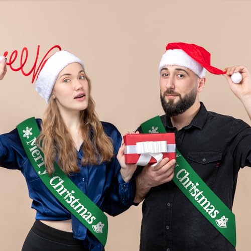Merry Christmas Sash for Party - Retro Sage Green with White Foil Text, 31.5in x 3.74in