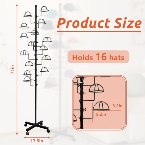 Black Montex Hat Rack Stand with 16 Rotatable Circular Hooks, Space-Saving Display