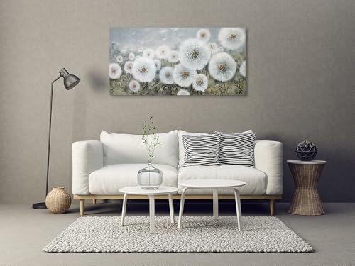 Ardemy Flowers Wall Art Canvas Dandelions Painting White Bloosom Artwork Modern Landscape, Floral Picture Hand Painted Textured Large Framed for Living Room Bedroom Bathroom Home Office Decor 40"x20"