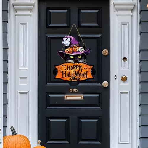 Halloween Welcome Sign Hanging Wood Decor- Halloween Door Sign with Black Cat, Witch Hat, Ghost and Pumpkins, Indoor Outdoor Hanging Decor for Holiday Welcome