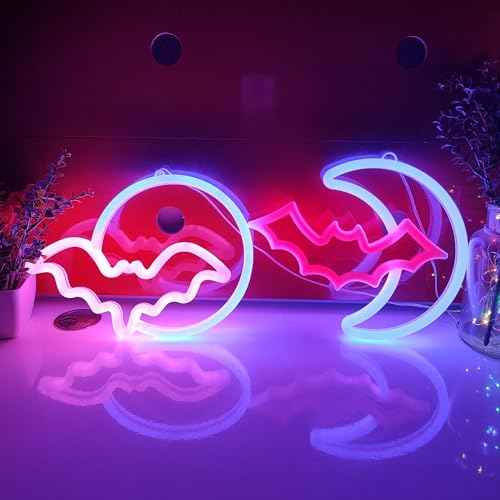 JYWJ Double Sided Neon Signs,USB or 3-AA Battery Powered Neon Light,LED Desktop Wall Decoration,Various Parties,Decoration Of Business Premises(Moon Bat)
