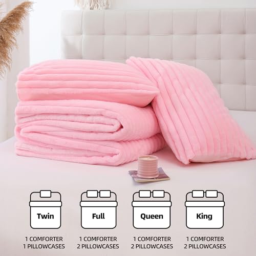 Pink Queen Size Fluffy Comforter Set 3 Pieces - Micro-Mink & Flannel Bedding