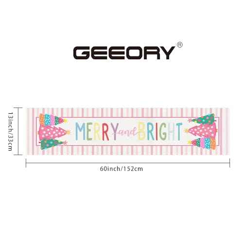 GEEORY Christmas Table Runner 13x60 Inch, Striped Trees Merry and Bright Xmas Decorative Farmhouse Table Decoration for Kitchen Dinning, Indoor Outdoor Dinner Party (Pink) GT125-60