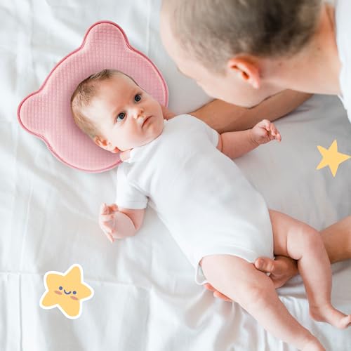 Pink Baby Pillow with Memory Foam & Bear Design - Breathable & Supportive for Infants (Pink)
