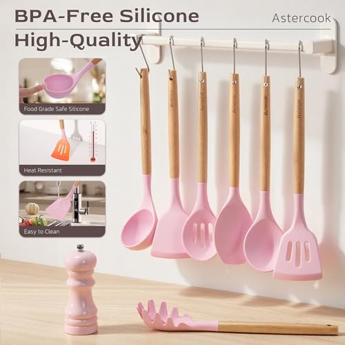Silicone Kitchen Utensils Set 39 Pcs with Wooden Handles - Heat Resistant BPA-Free Pink