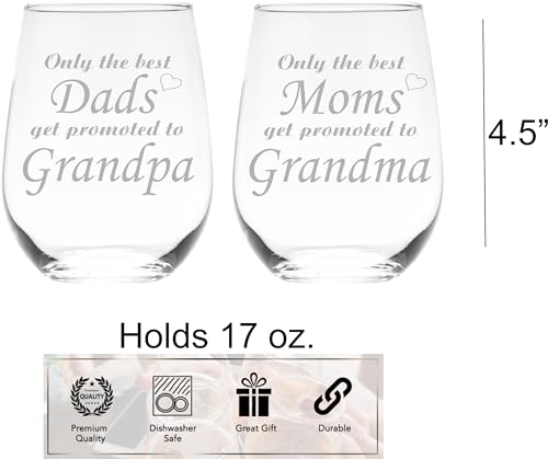 Grandparent Gift Stemless Wine Glass Set – 17oz Mom & Dad Promotion Glasses
