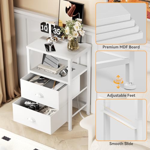 Furologee White Nightstand Set of 2 with LED Lights & Charging Stations - Modern Bedroom Side Tables
