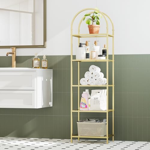Gold 5-Tier Tall Bookshelf with Glass Shelves - Arched Bookcase, 11.8 x 13.8 x 57.1 inches