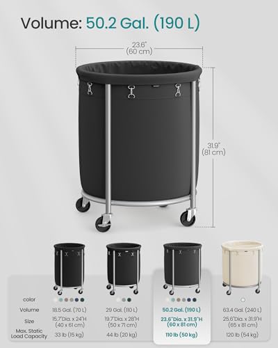 Laundry Basket with Wheels 190L Steel Frame Removable Bag – Ink Black & Metallic Silver