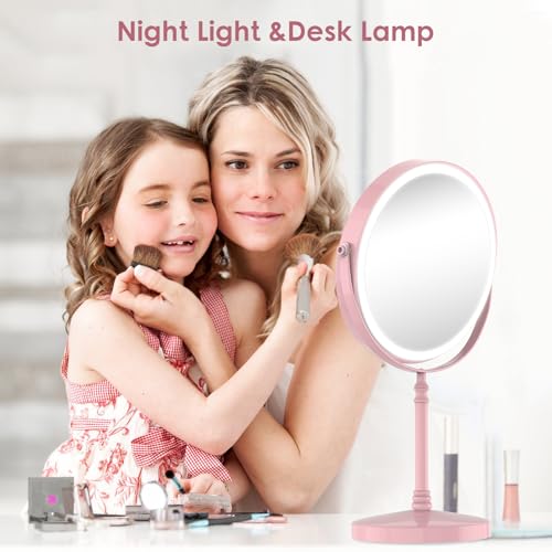 Pink Rechargeable LED Makeup Mirror with 3 Lights, 10X Magnification
