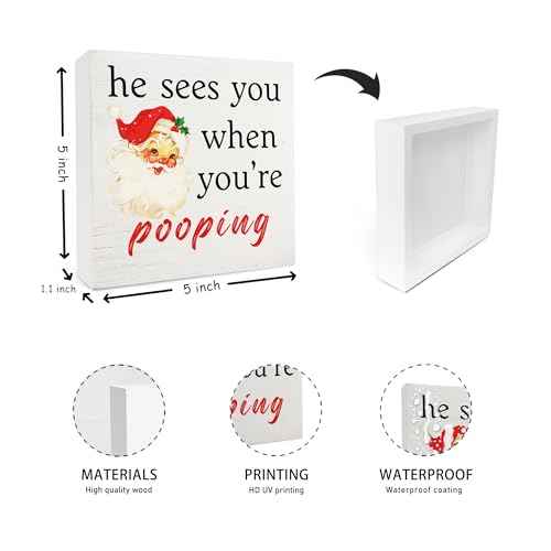 Red Christmas Santa Bathroom Wooden Box Sign,He Sees You When You're Pooping Wood Sign,Funny Christmas Bathroom Desk Sign For Home Barthroom Toilet Restroom Decor,Red Christmas Decor,5x5 Inch