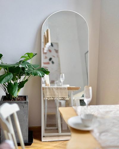 Full Length Floor Mirror with Stand - 65x22 Arched White Mirror, Freestanding & Wall Mountable
