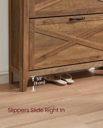 VASAGLE Farmhouse Shoe Cabinet with 2 Flip Drawers, Narrow Storage, Honey Brown, 9.4"D x 34.3"W x 34.6"H