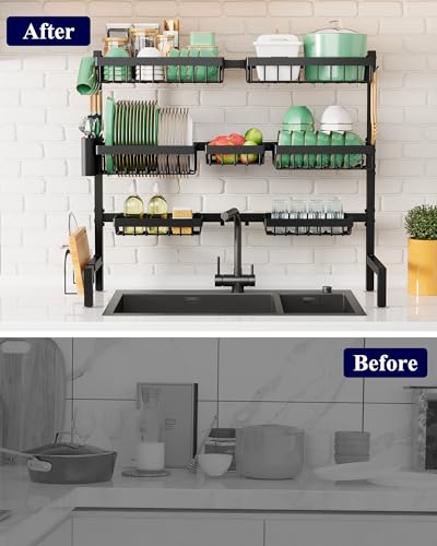 Kitsure Black Adjustable Over Sink Dish Drying Rack 31.5-39.4 Inches XL