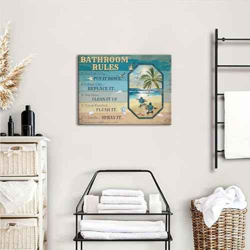 Sea Turtle Bathroom Decor Teal Blue Bathroom Rules Wall Art Beach Themed Funny Quotes Words Pictures Farmhouse Toilet Sign Canvas Prints Artwork for Restroom Door Bath Laundry Home Decorations 12x16"
