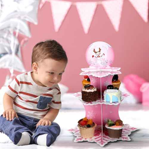 Zopeal 3 Tier Snowflake Cupcake Stand Winter Cake Stand Winter Dessert Tower Cupcake Tray Holder Snowflake Cake Stands for Birthday Party Christmas Holiday Decoration Supplies(Pink)