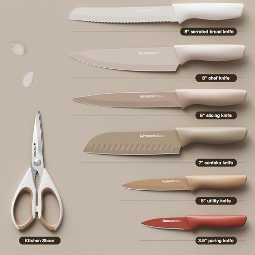 Astercook Knife Set, 13 Pieces Kitchen Knives Set with Healthy Anti-Rust Coating, Dishwasher Safe, Stainless Steel Chef Knife Sets with 6 Blade Guards, Perfect Holiday Gifts for Kitchen