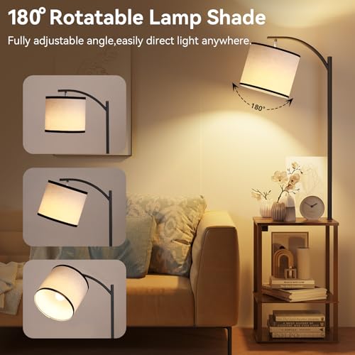 SUNMORY Rustic Brown Floor Lamp with Shelves & Charging Station - End Side Table for Living Room