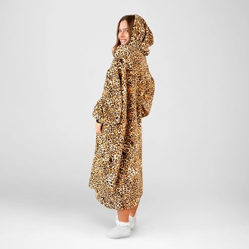 Carstens Premium Leopard Print Hooded Blanket Hoodie for Adults, Wearable Throw with Pockets & Sleeves