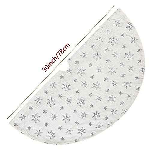 Christmas Sequin Tree Skirt 30in,White Soft Thick with Silver Snowflakes Decorations for 3FT 4FT 5FT Xmas Tree