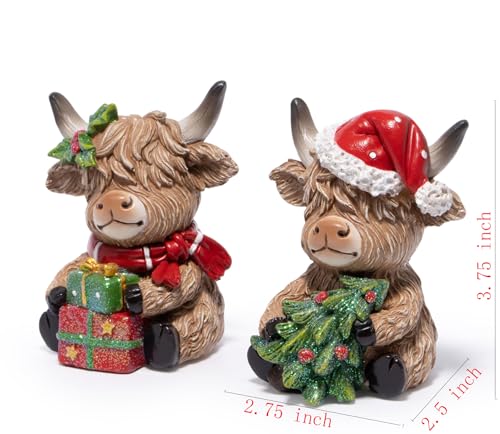 Hodao 2pcs Christmas Highland Cow Figurines – Red-Green Santa Hat Mantel Decor