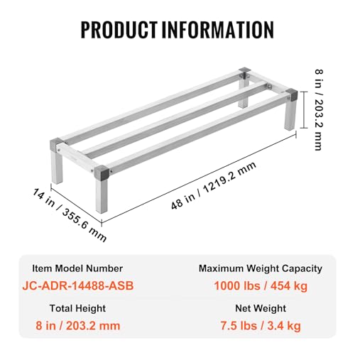 Heavy-Duty Aluminum Dunnage Rack 48x14x8 Inches, 1000 lbs Capacity, Commercial Food Floor Storage