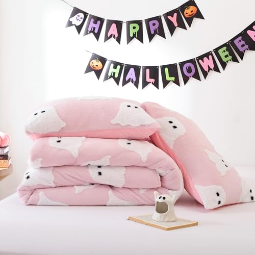 Smoofy Pink Ghost Halloween Comforter Set, Fleece Queen Bedding