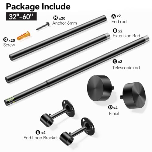 Adjustable Heavy Duty Curtain Rod Set 32-60 Inch Black with Finials - 2 Pack