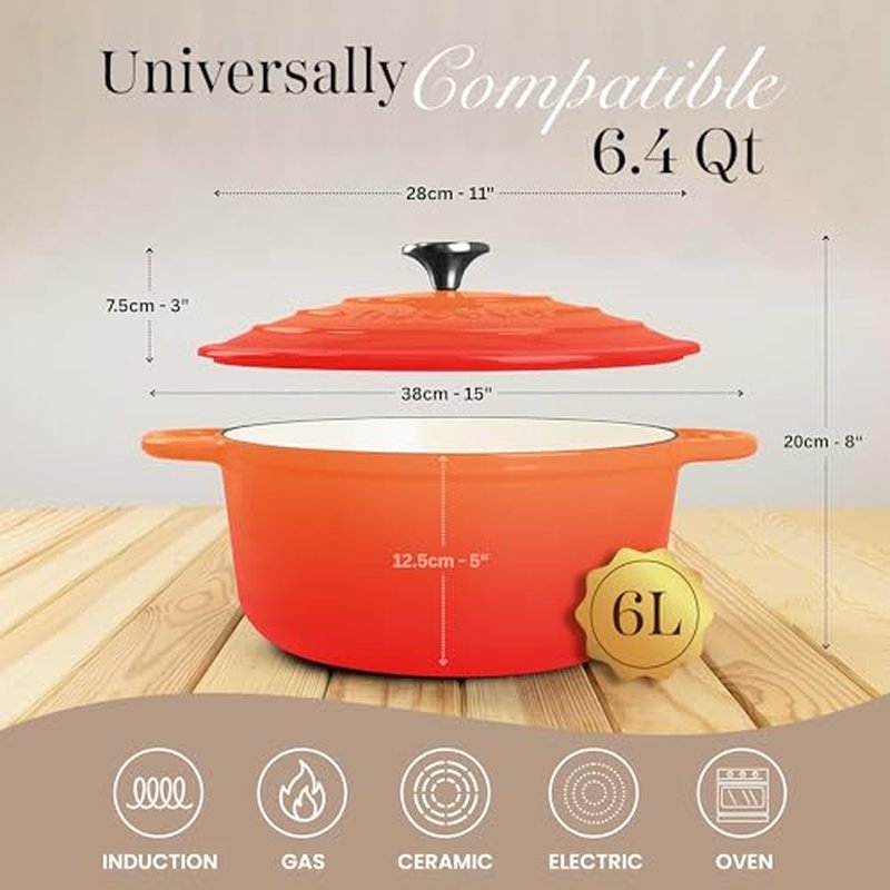 Nuovva Enamelled Cast Iron Dutch Oven Pot with Lid 6.4 Quart Non Stick Casserole Pot – Heavy Duty & Oven Safe up to 500° F for Bread Baking, Braising, Stews, Roasting – 28cm Pink