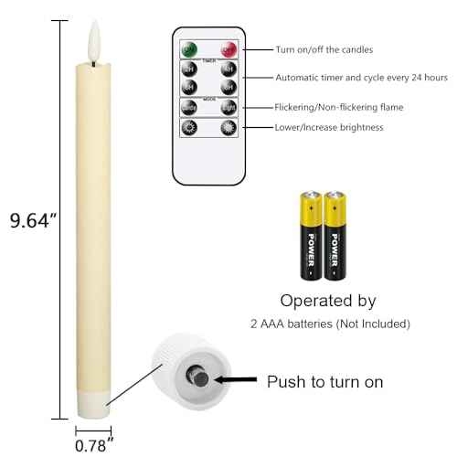 GenSwin Flameless Ivory Taper Candles Flickering with 10-Key Remote, Battery Operated Led Warm 3D Wick Light Window Candles Real Wax Pack of 3, Christmas Home Wedding Decor(0.78 X 9.64 Inch)