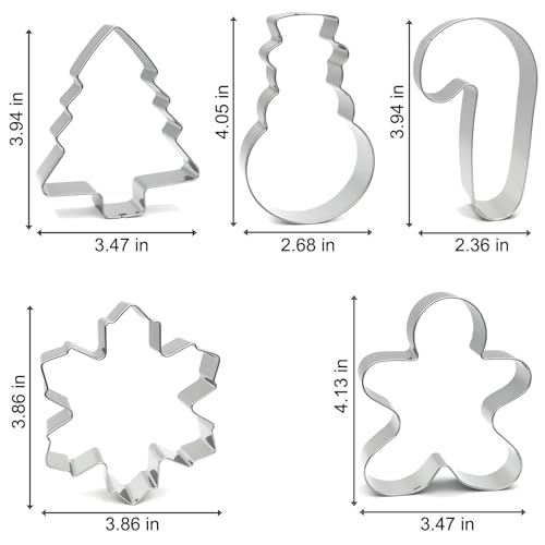 Christmas Cookie Cutters Large - 5 Pieces - Gingerbread Man, Christmas Tree, Snowflake, Snowman, Candy Cane Shapes, Stainless Steel Biscuit Cutter Molds Set for Winter Holiday Baking