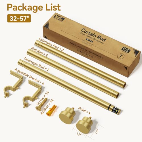 Adjustable Gold Curtain Rods 2 Pack 32-57 Inch Heavy Duty Window Treatment Rods - Modern Design