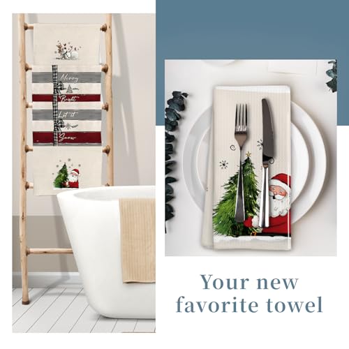 Winter Christmas Tree Santa Snowman Kitchen Towels, Rustic Gray White