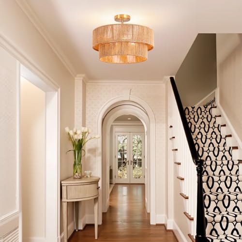 18-Inch Boho Rattan Semi-Flush Mount Ceiling Light Fixture - Handwoven Rustic Style