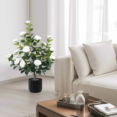 Artificial Camellia Trees in Pot - White, Medium - Indoor & Outdoor Decor, 2 Pack