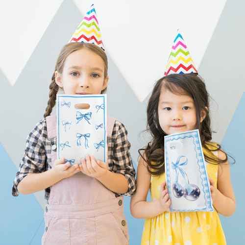 Blue Bow Party Favor Bags - 50Pcs Coquette Bow Knot Themed Goody Candy Treat Gifts Bags, Blue Theme Party Decorations for Kids Girls Women Birthday Wedding Bridal Shower Supplies