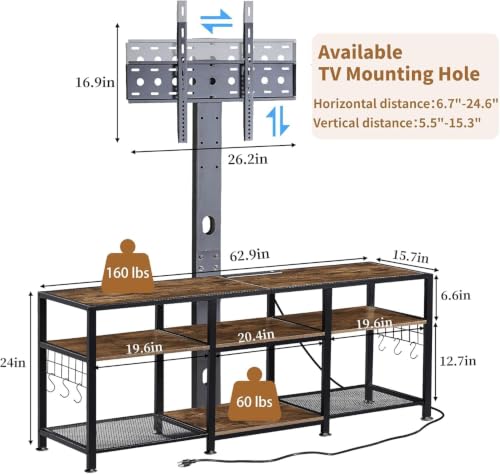VECELO 63-inch TV Stand with Mount, Power Outlets & Open Shelves, Rustic Wood & Metal Frame
