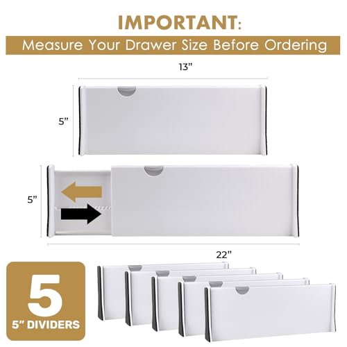 RAPTUROUS White Expandable Drawer Dividers 5" Tall, 13-22" Long, 5 Pack
