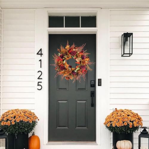 Fall Orange Wreath for Front Door 22 Inch Autumn Decor with Chrysanthemums & Maple Leaves