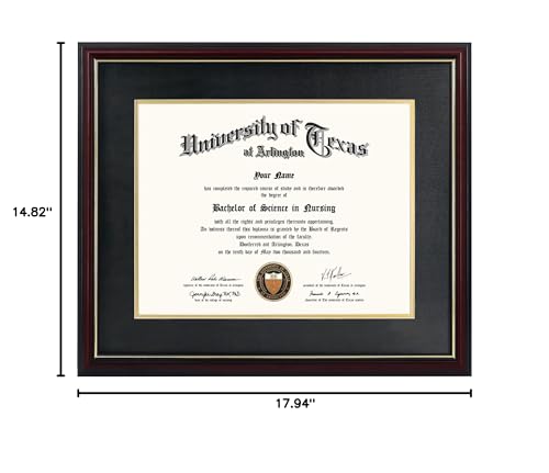 GraduationMall Cherry Finish Diploma Frame with Gold Trim for 11x14 & 15x18 Certificates, Black & Gold Mat Included