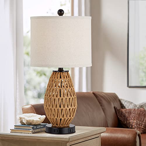 CINSARY Rattan Touch Control Bedside Table Lamps Set of 2 with USB & AC Outlet, Dimmable Nightstand Lamps for Bedroom & Living Room — Natural Wicker Finish