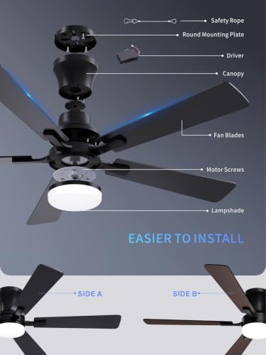 Black 52 Inch Low Profile Ceiling Fan with Light Remote Control - Modern Flush Mount