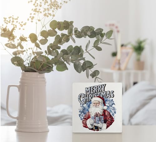 Kunlisa Blue and White Chinoiserie Christmas Santa Wooden Sign - Holiday Decor, 5x5 Inch