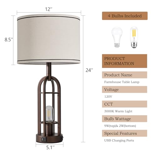 SRJJA 24-Inch Farmhouse Table Lamps Set of 2 with USB-A+C & 2-Button Switch - Bronze Variation