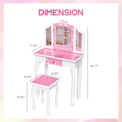 Pink Kids Vanity Set with Wooden Makeup Table & Stool, Tri-Folding Mirror, Large Drawer, Safe Sturdy Frame, Gift for Girls