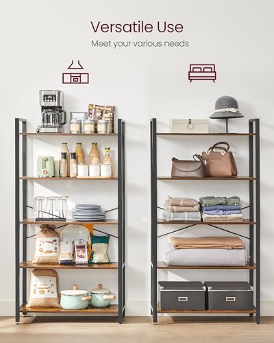 VASAGLE Rustic Brown & Black 5-Tier Bookshelf with Shelves, No Back Panel, 11.8D x 31.5W