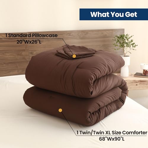Earthy Brown Comforter Set Twin Size - All-Season Lightweight Bedding with Pillowcase