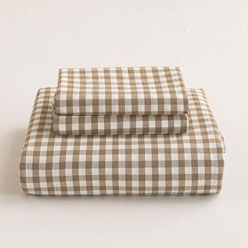Mucalis Tan Gingham Duvet Cover King 100% Washed Cotton Beige Brown