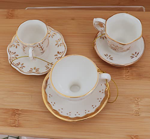 Kurt S. Adler Teacup Ornaments, White & Gold – 3 Assorted Porcelain Xmas Decor