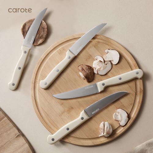 Kitchen Knife Set with Wood Block - 14 Pieces, Rust-Resistant, Cream